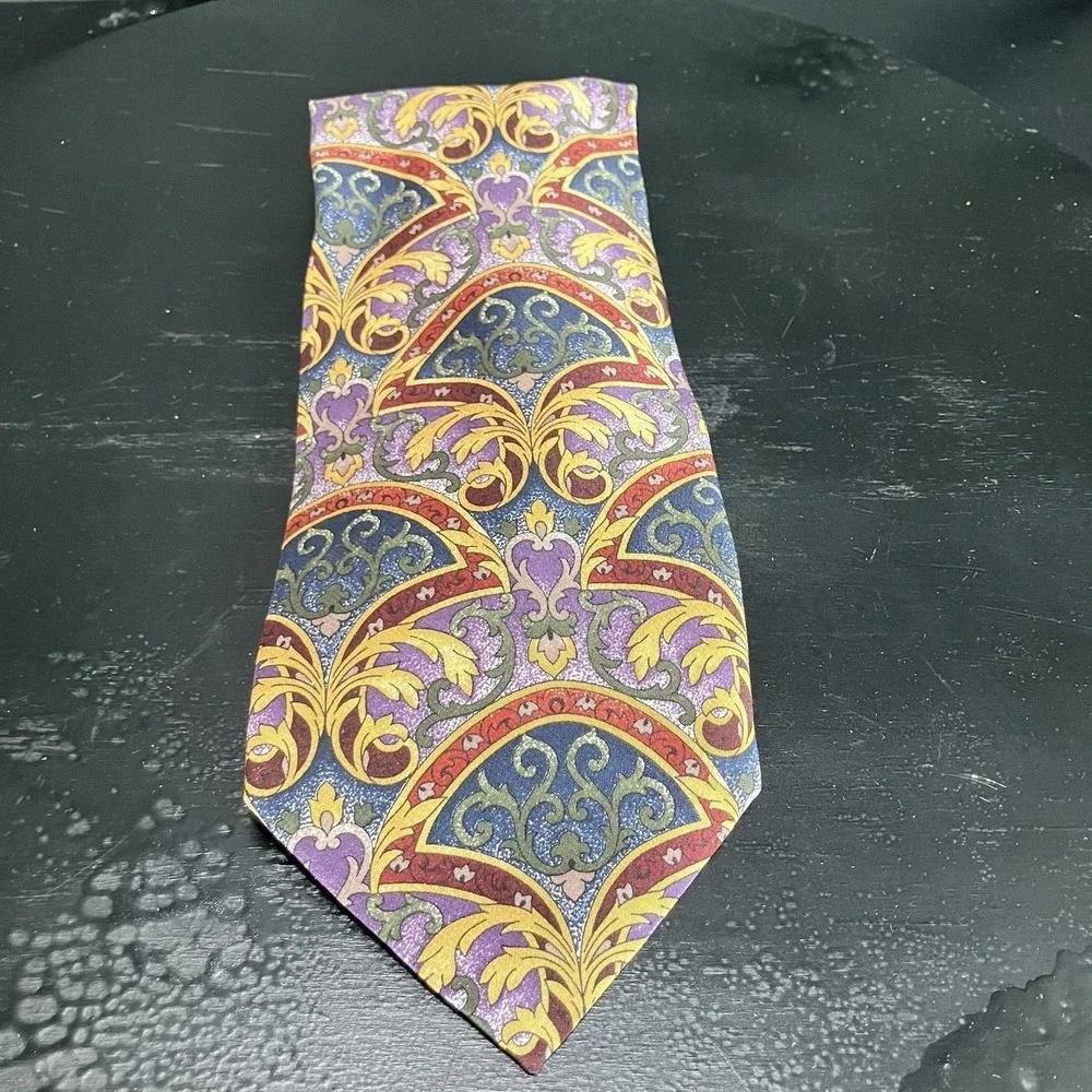 Valentino Cravatte Silk Necktie Baroque Scroll Medallion Multicolor Designer